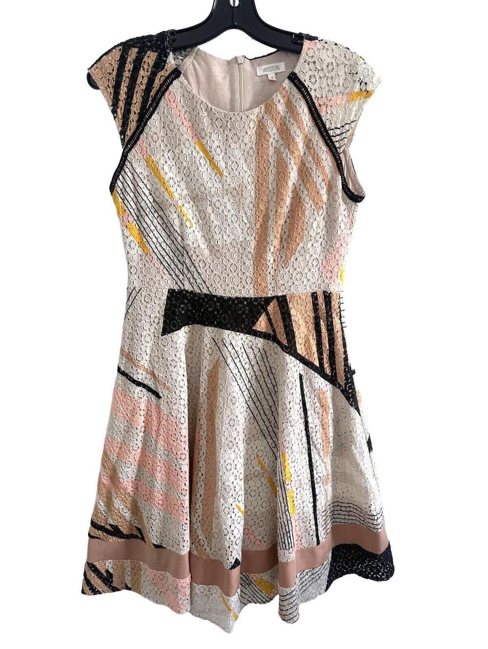 Anthropologie Weston Weston Lace Fit & Flare Dress Geometric Print Cap Sleeve- M - Picture 2 of 10